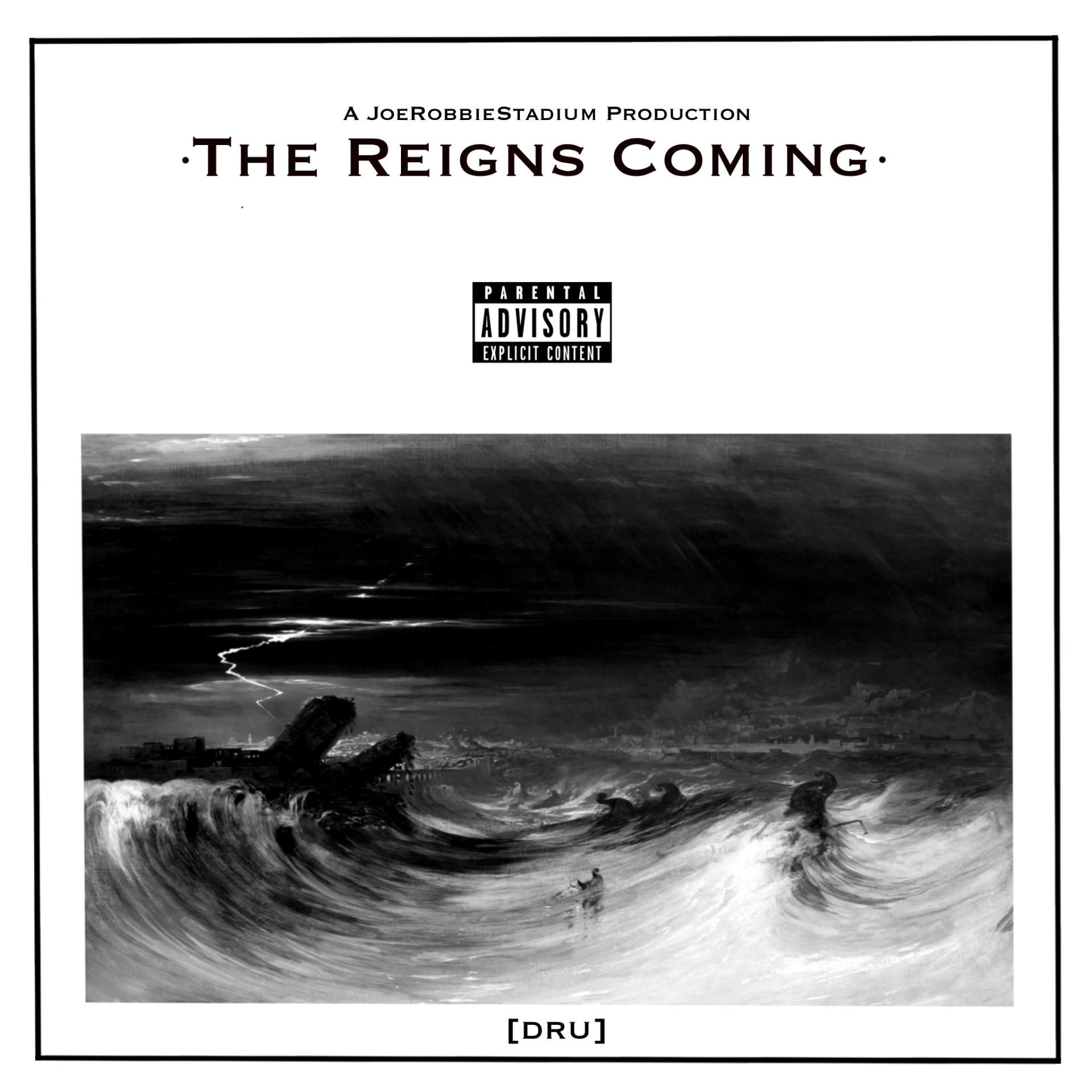The Reigns Coming cover artwork showing a monochrome painting of a storm and flood